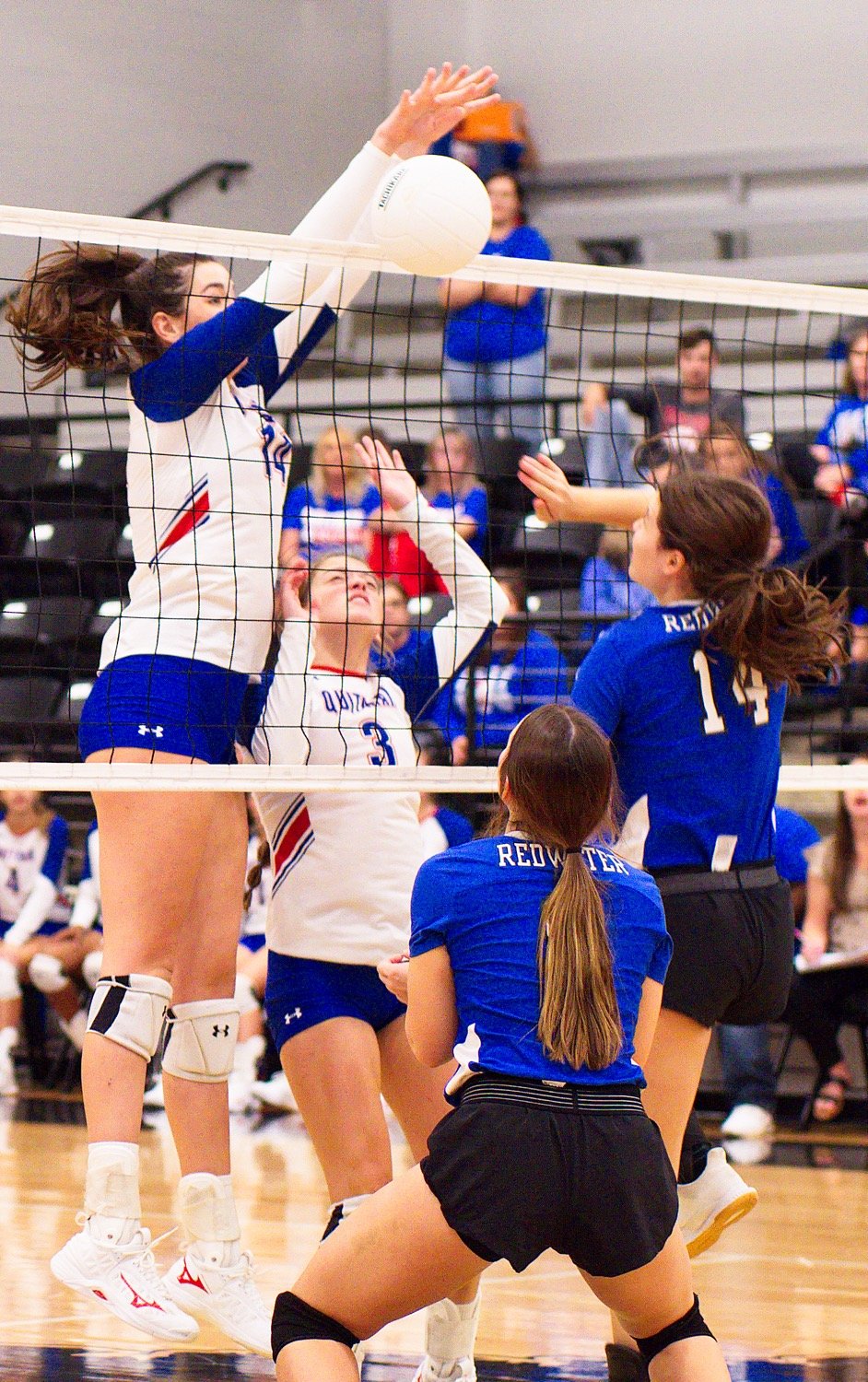 District 13-3A blocker of the year Ava Burroughs tallies another block against Redwater Nov. 1 in Pittsburg.